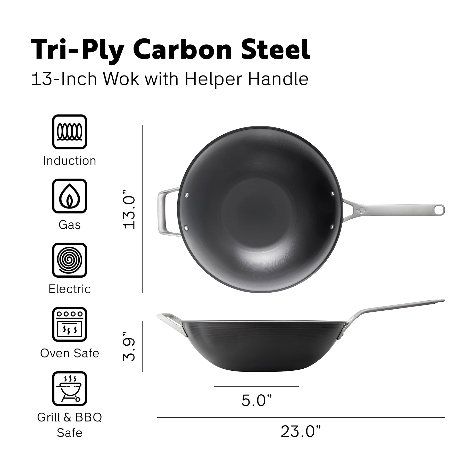 Tri-Ply Carbon Steel 
13-Inch Wok with Helper Handle