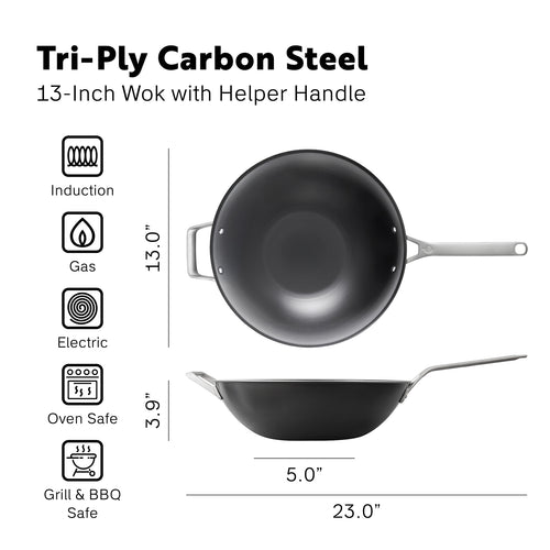 Tri-Ply Carbon Steel 
13-Inch Wok with Helper Handle