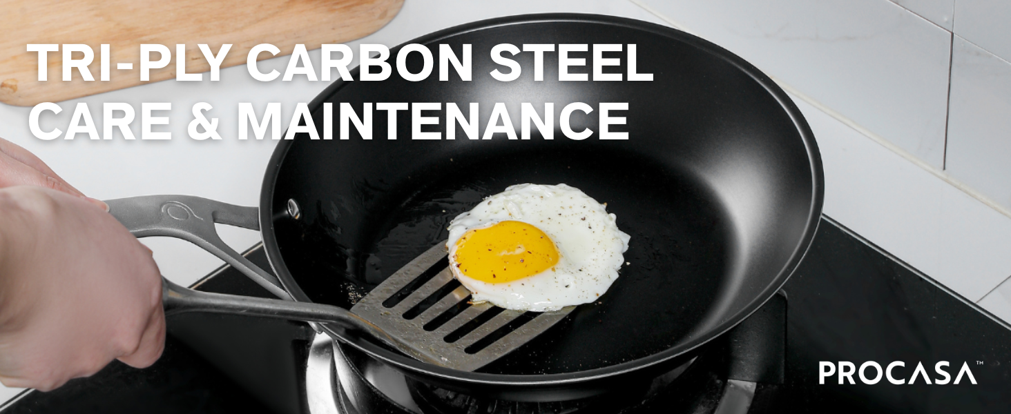Title: TRI-PLY CARBON STEEL CARE & MAINTENANCE. This page is to guide you through the process of seasoning and caring for your cookware. The image shows metal spatula sliding under a perfectly friend egg ready to flip or remove from the pan.