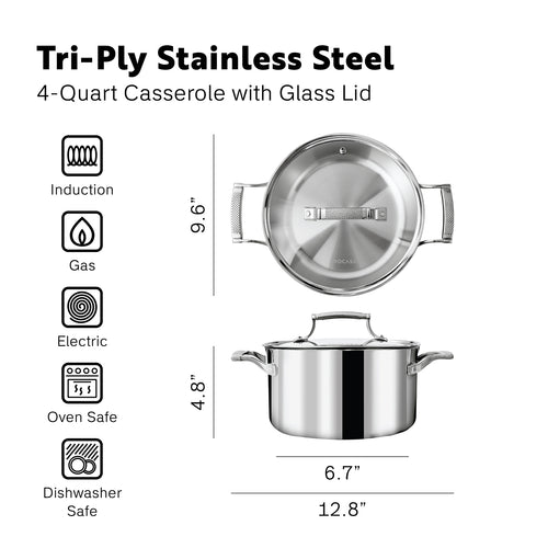 Tri-Ply Stainless Steel
4-Quart Casserole with Glass Lid